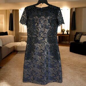 Elie Tahari Galina Floral Lace Metallic Jacquard Dress Navy Blue and Gold Size 2